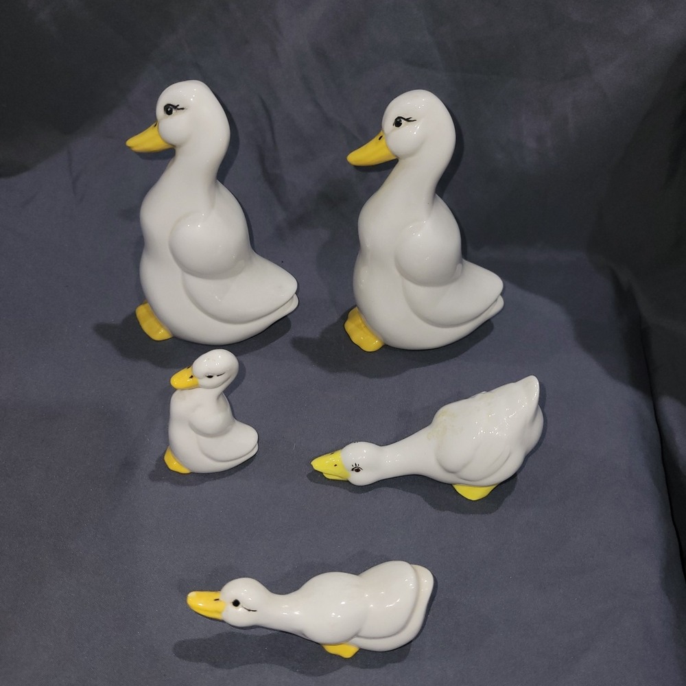 5 Vintage 1960'S White Ceramic Geese Ducks Yellow Beaks MCM Kitsch Cottagecore